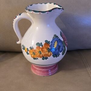 Gmundner Keramic Floral Pitcher with Orange and Blue Flowers Made In Austria